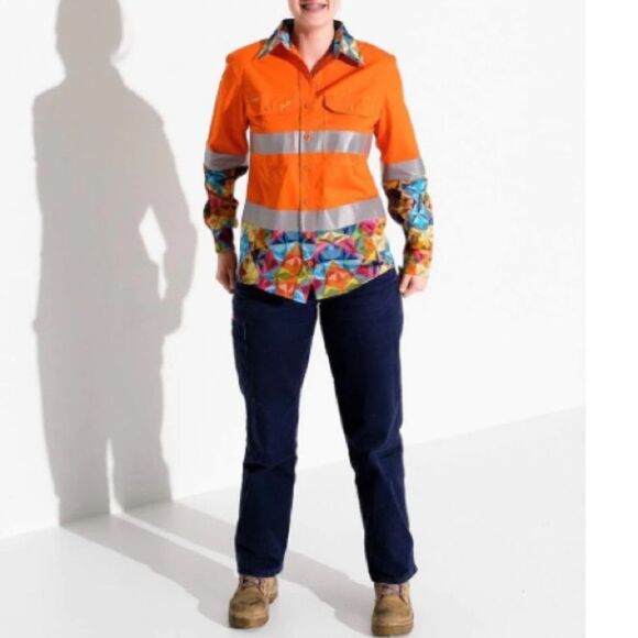Workwear Hi Visibility Railroad Saftey Shirt Button Down Neon Orange Reflective - Picture 15 of 15